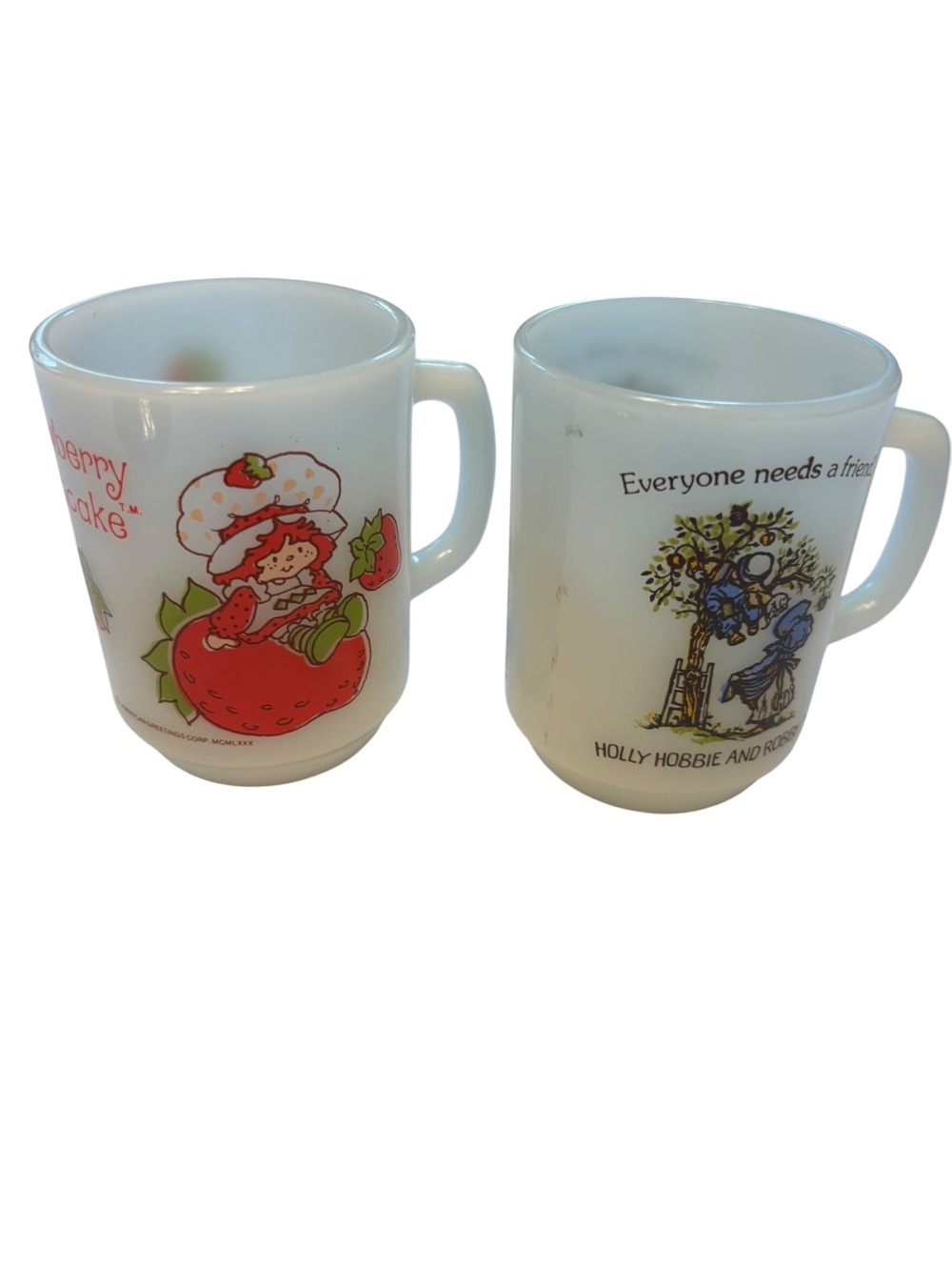 Strawberry Shortcake White Milk Glass Mug with Red Graphics vintage 1980.